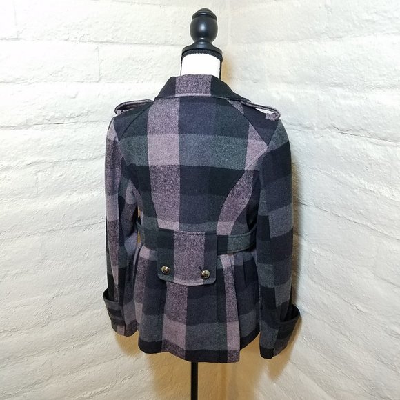 Juniors Plaid Peacoat Jacket Medium Coat Black Pink Check Button Hydraulic - Picture 4 of 7